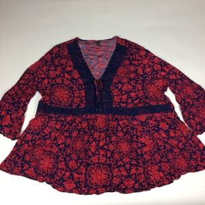 Torrid Tunic Top Womens 5 Floral V-Neck Peasant Flare Sleeve Red Tassel